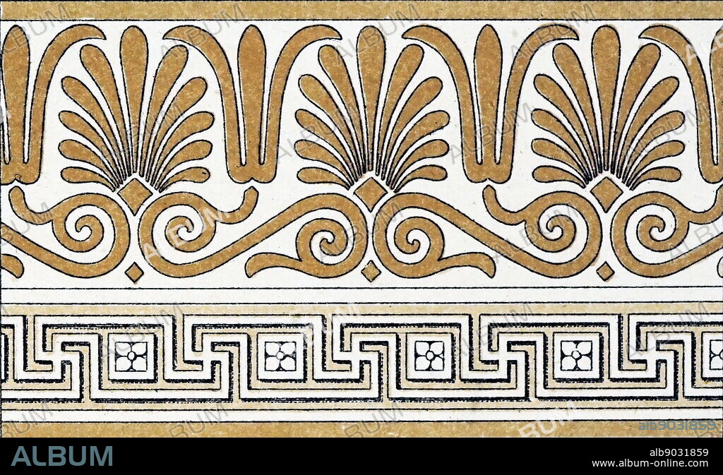 Anthemion ornament with Greek Fret (meander) from a pottery fragment dated from the 4th century BC. Dated 19th century.