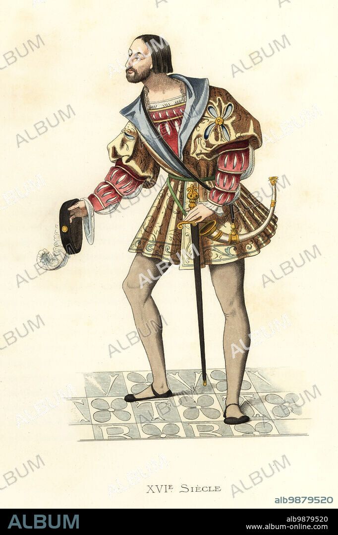 Court officer of King Francis I, 1494-1547. In short embroidered silk jacket over a slashed doublet, hose, plumed hat. He wears a sword and oliphant, ivory horn, showing him an officer of the royal household.. After a tapestry in the collection of the painter Gustave Brion. France, Gentilhomme Handcolored lithograph after an illustration by Edmond Lechevallier-Chevignard from Georges Duplessis's Costumes historiques des XVIe, XVIIe et XVIIIe siecles (Historical costumes of the 16th, 17th and 18th centuries), Paris, 1867. Edmond Lechevallier-Chevignard was an artist, book illustrator, and interior designer.