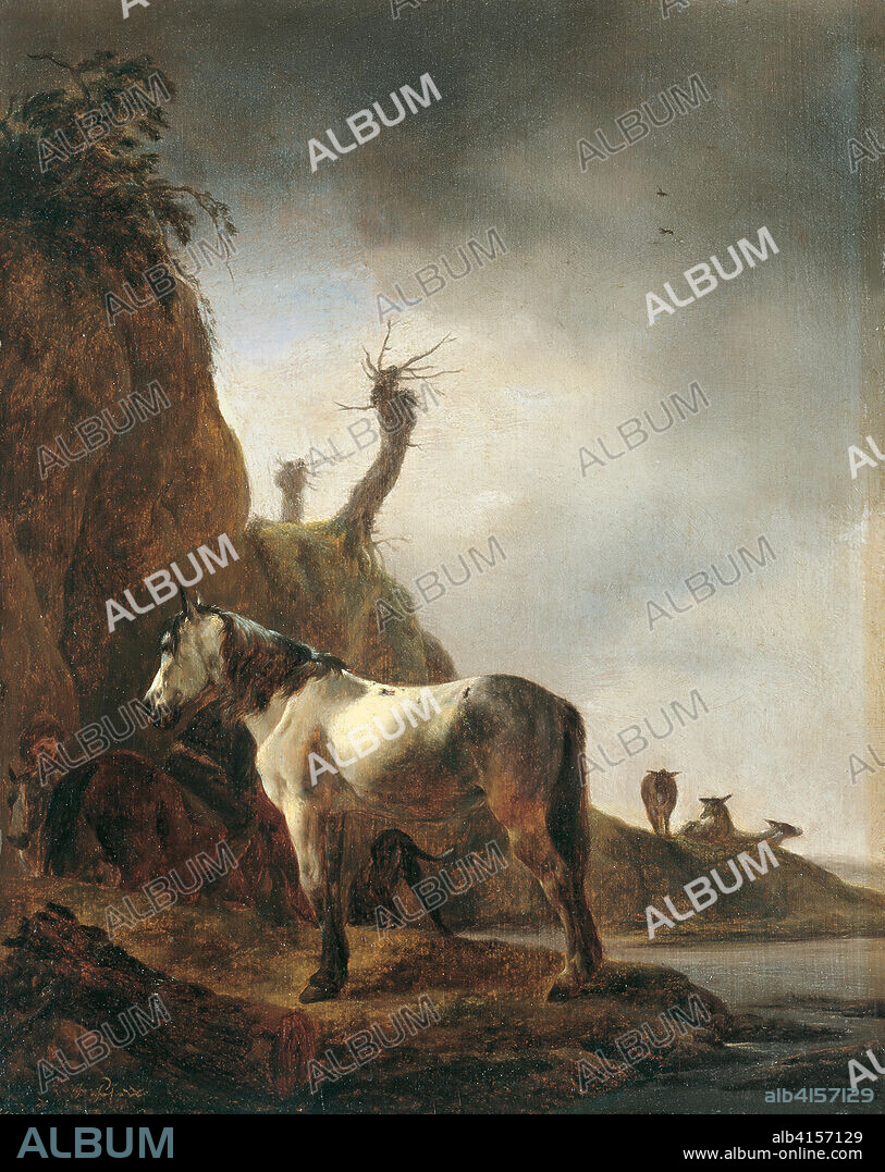 Philips Wouwerman (Haarlem, 1619 -1668). White Horse on a River Bank. Oil on panel. 28.7 x 22.7 cm.