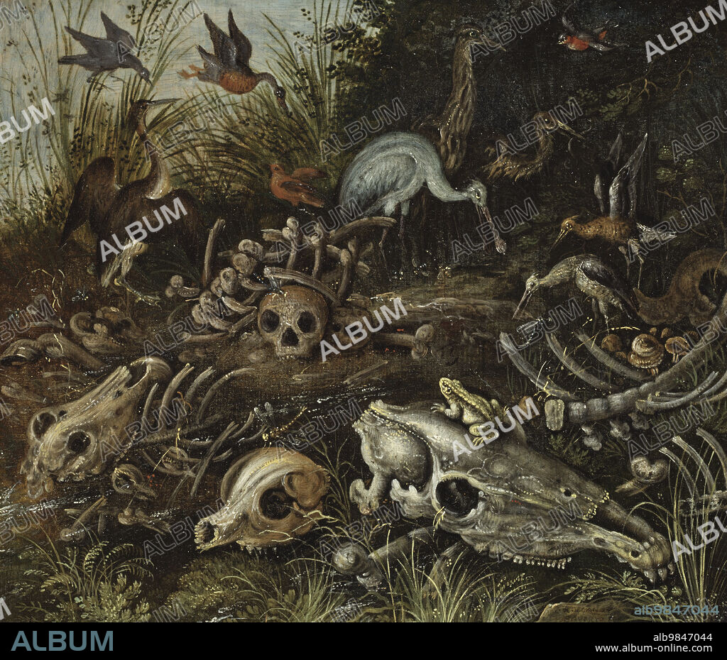 ROELANDT SAVERY. Memento mori, between 1600 and 1609. Additional Info: This painting with its animal skeletons and skulls interspersed with living animals and insects could be interpreted as a reminder of the fact that everything is finite. The title suggests this: remember that you are mortal.