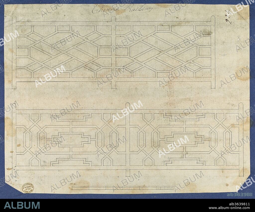 Chinese Railing, from Chippendale Drawings, Vol. II. Artist: Thomas Chippendale (British, baptised Otley, West Yorkshire 1718-1779 London). Dimensions: sheet: 8 x 10 3/8 in. (20.3 x 26.3 cm). Published in: London. Date: 1754.
Preparatory drawing for Thomas Chippendale's 'Gentleman and Cabinet Maker's Director'. Published in reverse as plate CLX in the 1754 and 1755 editions, not reprinted in the 1762 edition.