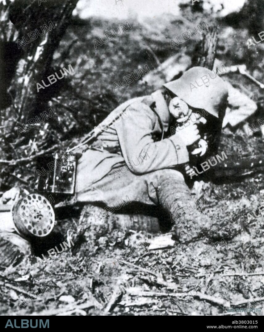 Telephones were used extensively in WWI because radio sets were large, heavy, expensive, in short supply, affected by weather, and could only be used for telegraph codes instead of voice communication. As the distances of guns increased, the telephone was particularly valuable to artillery forces, but the wires laying on the ground where they could be cut or destroyed were a weakness. On the Western Front, the telephone allowed armies spread over great distances to coordinate unit activity. Carrier pigeons and motorcycle couriers were also used, but the telephone was the fastest. No date or location available.