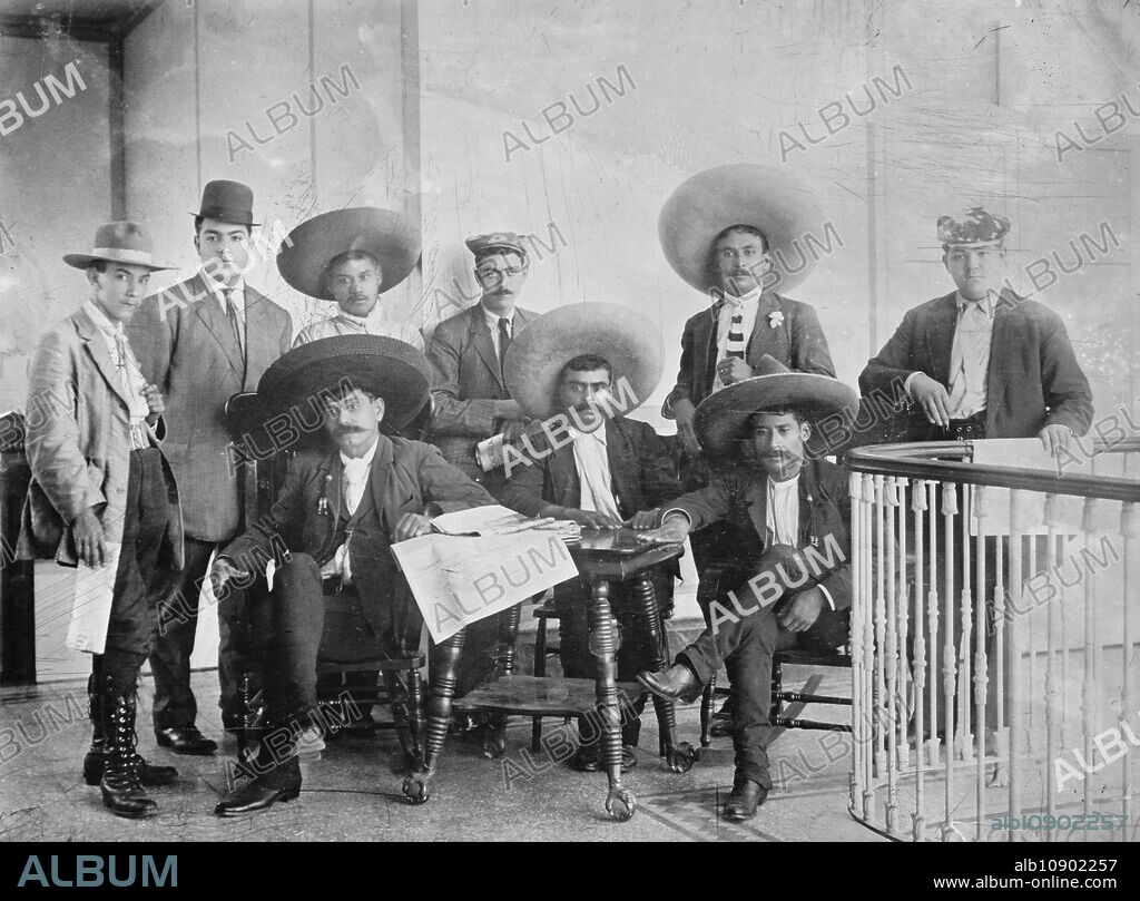 BAIN NEWS SERVICE. Gen. Zapata & staff, 1911. Shows Emiliano Zapata Salazar (1879-1919), leader of the Mexican Revolution (1910-1920). From left to right: Tirso Espinosa, Gildardo Magana, M. Mejia, Abraham Martinez, Jesus Ja´uregui and Rodolfo Magana; seated: Eufemio Zapata (Emiliano's brother), Emiliano Zapata and Pro´culo Capistra´n. They are at Hotel Coliseo, Mexico City on June 24, 1911.