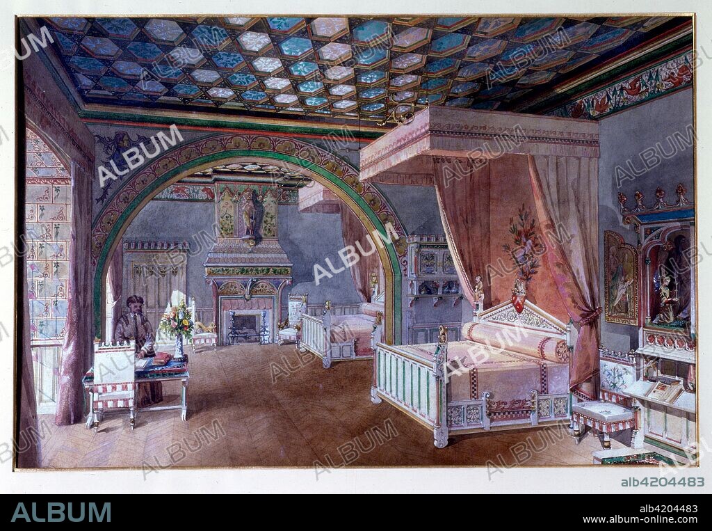 19th century design for the recreation of a medieval bedroom, in the Château de Roquetaillade; a castle in Mazères (near Bordeaux), France. The extraordinary interior decorations, with its furnishings and paintings, were created by Viollet-le-Duc during the 19th century. Eugène Emmanuel Viollet-le-Duc (1814-1879) was a French architect and theorist, famous for his interpretive "restorations" of medieval buildings.