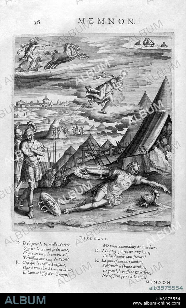 'Memnon', 1615. In Greek mythology, Memnon was an Ethiopian king and son of Tithonus and Eos, he brought an army to Troy's defense and was killed by Achilles in retribution for killing Antilochus. A plate from Les Images Ou Tableaux De Platte Peinture.