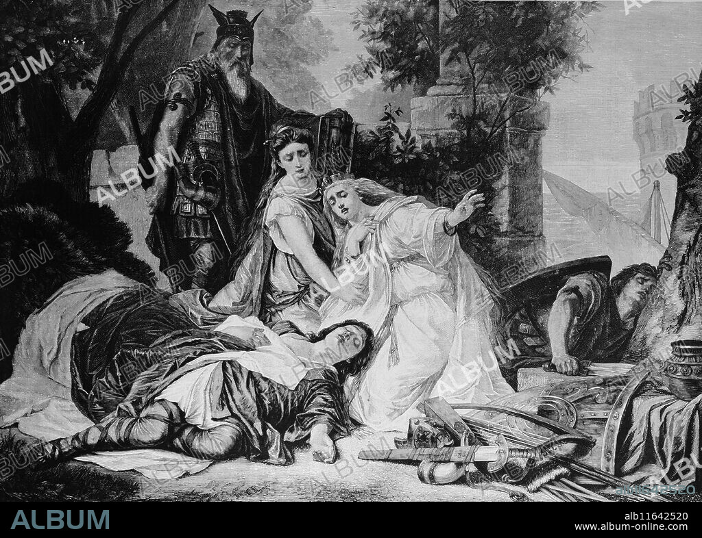 GUSTAV ADOLF GOLDBERG. The Death of Tristan. German composer Richard Wagner 1813-1883. "Tristan and Isolde". Engraving, c. 1890, after painting by Gustave Adolf Goldberg (1848-1911).