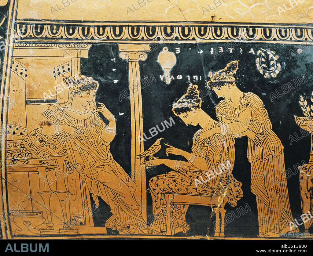Greek civilization, 5th century b.C. Red-figure pottery. Epinetron by the Eretria Painter depicting woman at her toilet. Detail.