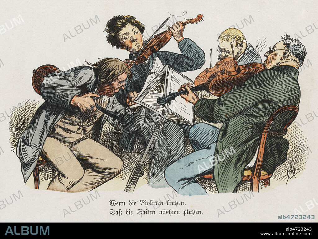 Violonistes et altistes. Illustration de Adolf OBERLANDER (1845-1923) pour Das Orchester (L'orchestre) pour une planche d'imagerie allemande Munchener Bilderbogen de 1876. Credit : Collection Jonas/KHARBINE-TAPABOR.