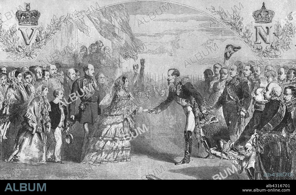 'Queen Victoria received at Boulogne by the Emperor Napoleon III., August 18, 1855', (1901). Victoria (1819-1901) ande her husband Prince Albert (1819-1861) are welcomed to France by Napoleon III (1808-1873). From "The Illustrated London News Record of the Glorious Reign of Queen Victoria 1837-1901: The Life and Accession of King Edward VII. and the Life of Queen Alexandra". [London, 1901].