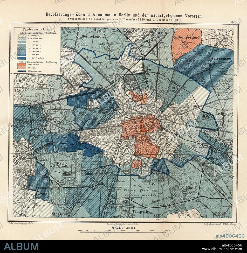 Population increase and decrease in Berlin and the nearest suburbs 1, Population change in Berlin and suburbs between the censuses of December 1, 1885 and December 1, 1890, Signed: Publisher of Julius Springer; After a card by Jul. Straube; Geographical lith., Upcoming program, u, Steindr, v, C.L. Keller, pl. 5, Straube, Jul. (d'après); Keller, C. L. (lith.); Springer, Julius (ed.), 1896, Hg. im Auftr. des kgl. preussischen Ministers der öffentlichen Arbeiten: Berlin und seine Eisenbahnen, 1846-1896. Berlin: Springer, 1896.