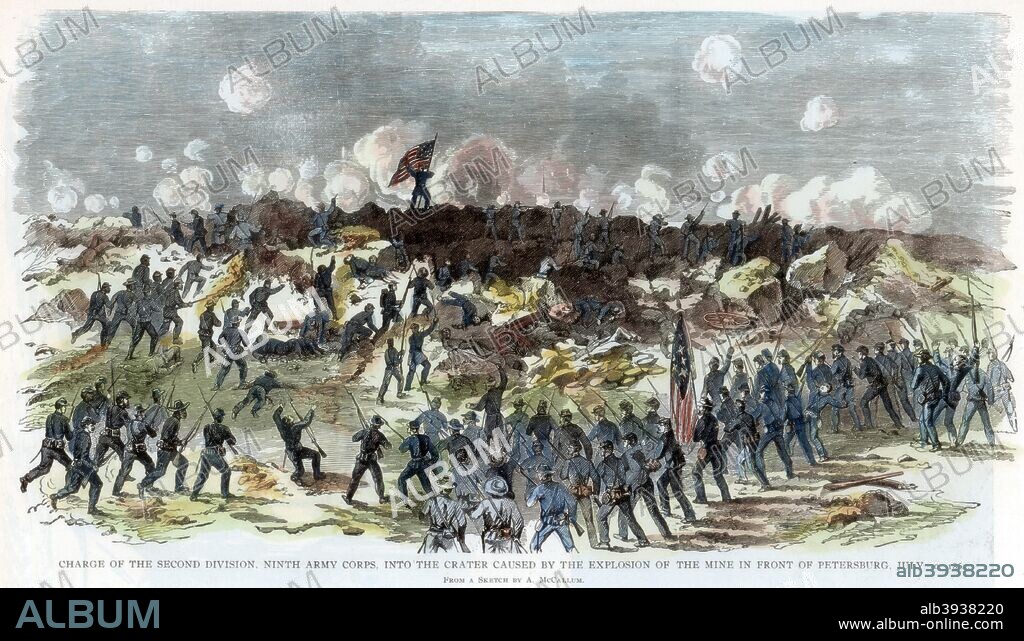 Siege of Petersburg, Virginia, American Civil War, 30 July 1864. Charge of the Union 2nd Division, 9th Army Corps. In the background is a huge crater caused by the explosion of a mine under the Confederate defences. The Siege of Petersburg, which lasted from June 1864 until March 1865, foreshadowed the trench warfare battles of World War I.
