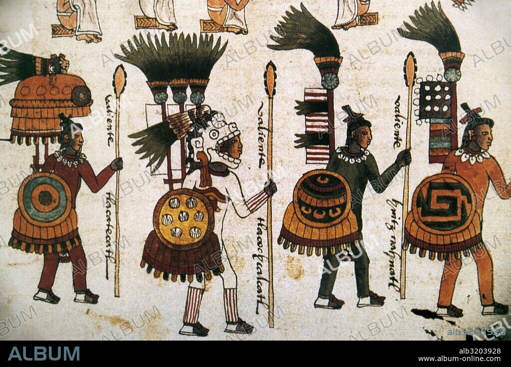 ARTE PRECOLOMBINO. AZTECA. CODICE MENDOZA. Representación de guerreros. Biblioteca Bodleiana. Oxford. Reino Unido.