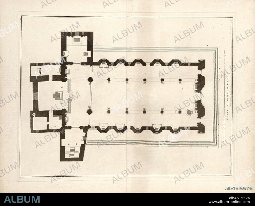 Map of the Duomo of Orvieto, Plan of the Cathedral of the Assumption in Orvieto, signed: Giuseppe Barberi (del.); Lorenzo Maitani (inv.); Domenico Pronti (incise), Tav., I, Barberi, Giuseppe (del.); Maitani, Lorenzo (inv.); Pronti, Domenico (incise), Guglielmo Della Valle: Storia del duomo di Orvieto. Roma: presso i Lazzarini, MDCCXCI [1791].