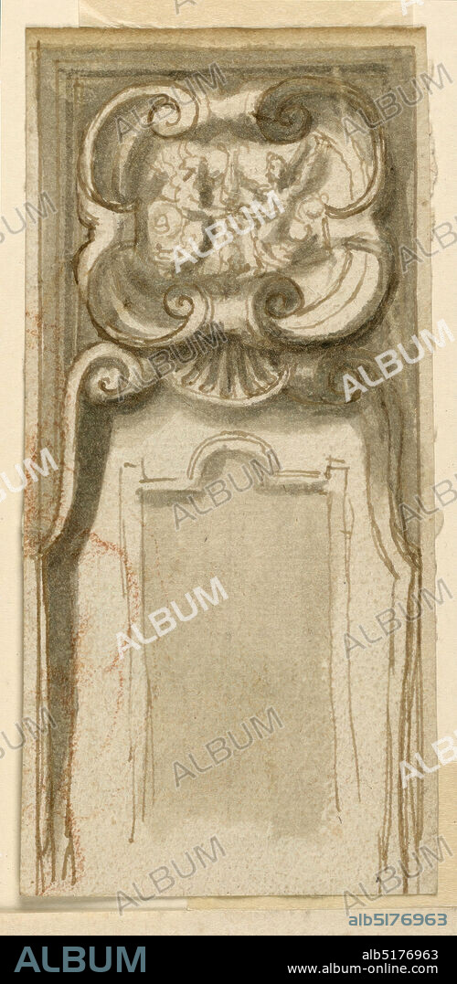 Project for the Decoration of a Panel, Pen and ink, brush and gray watercolor wash on laid paper., One half of an oblong panel with an escutcheon at top., Italy, ca. 1580, ornament, Drawing, Drawing.