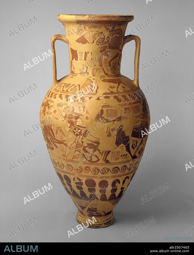 Terracotta neck-amphora (storage jar), Proto-Attic, second quarter of the 7th century B.C., Greek, Attic, Terracotta, H. 42 3/4 in. (108.6 cm); diameter 22 in. (55.9 cm), Vases, During the first half of the seventh century B.C., vase painters in Athens abandoned the abstract geometric tradition in favor of a naturalistic style inspired by art imported from the Near East. On the front of this monumental vase, the hero Herakles strides to the left, sword in hand, grabbing the hair of Nessos, a centaur who had tried to abduct Herakles' wife, Deianeira.