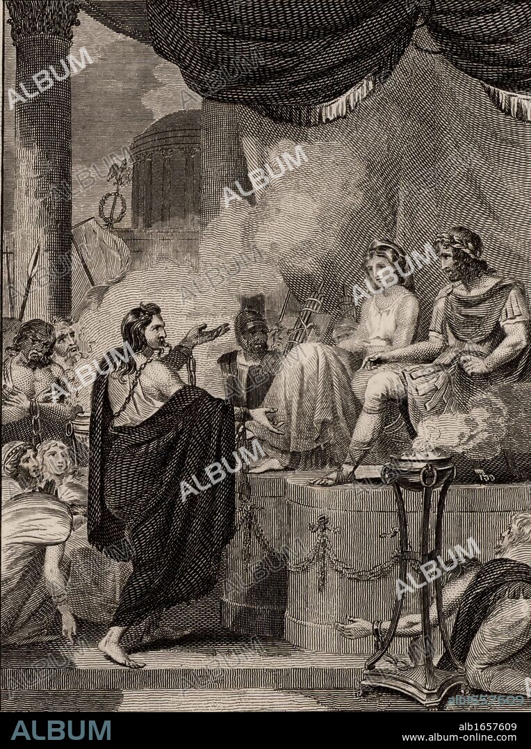 Caractacus or Caratacus (active 51 AD) King of the Britons.  Other versions of his name a Caradoc or Caradawg.  British hero who resisted Roman invasion in 43.  Finally defeated near Shrewsbury, Shropshire in 51, and taken to Rome as a prisoner, shown in front of Emperor Claudius . Died in captivity.  From "The Imperial History of England" by Theophilus Camden (London, 1832). Engraving.   (Photo by: Universal History Archive/UIG via Getty Images).