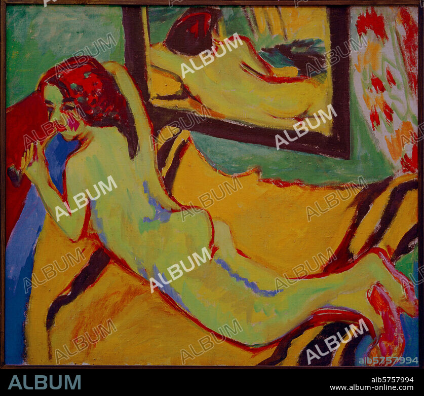 ERNST LUDWIG KIRCHNER. Kirchner, Ernst Ludwig 1880-1938. "Liegender Akt vor Spiegel", 1909/10. Öl auf Leinwand, 83,3 × 95,5 cm. Berlin, Brücke Museum.