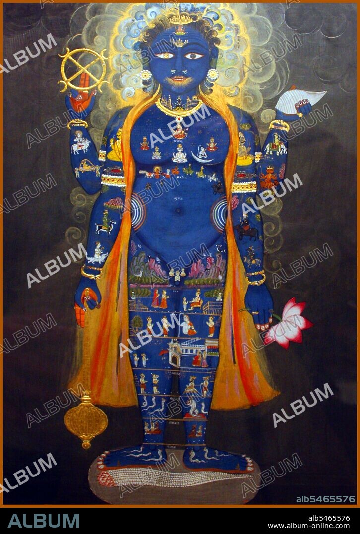 Vishnu (Sanskrit ?????? Vi??u) is the Supreme god in the Vaishnavite tradition of Hinduism. Smarta followers of Adi Shankara, among others, venerate Vishnu as one of the five primary forms of God. Vishnu as the Cosmic Man (Vishvarupa) is portrayed here with four arms, each holding one of his attributes: a conch shell, a lotus flower, a mace and his circular wand, called Sudarshana chakra (meaning 'beautiful disc'). The small figures all over his body refer to his role as the Universal Man who encompasses all of creation: the Vishvarupa (literally 'all forms').