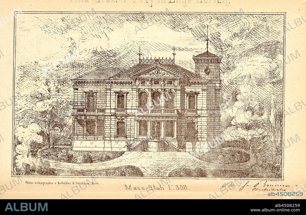 Villa Cramer Frey in Enge Zurich, View of Villa Cramer-Frey in Zurich Enge, to p. 108, Schweizerischer Ingenieur und Architekten-Verein: Zürich's Gebäude und Sehenswürdigkeiten. Beschreibung der Stadt (...). Zürich: bei Orell Füssli & Co., 1877.