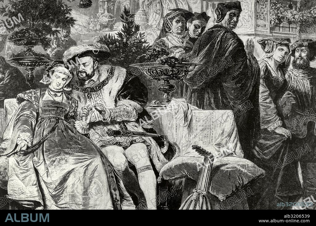 Henry VIII (1491-1547). King of England. Henry VIII with Anne Boleyn (1501-1536) at the Palace of Cardinal Wolsey. Engraving after painting by Karl von Piloty, 19th century.