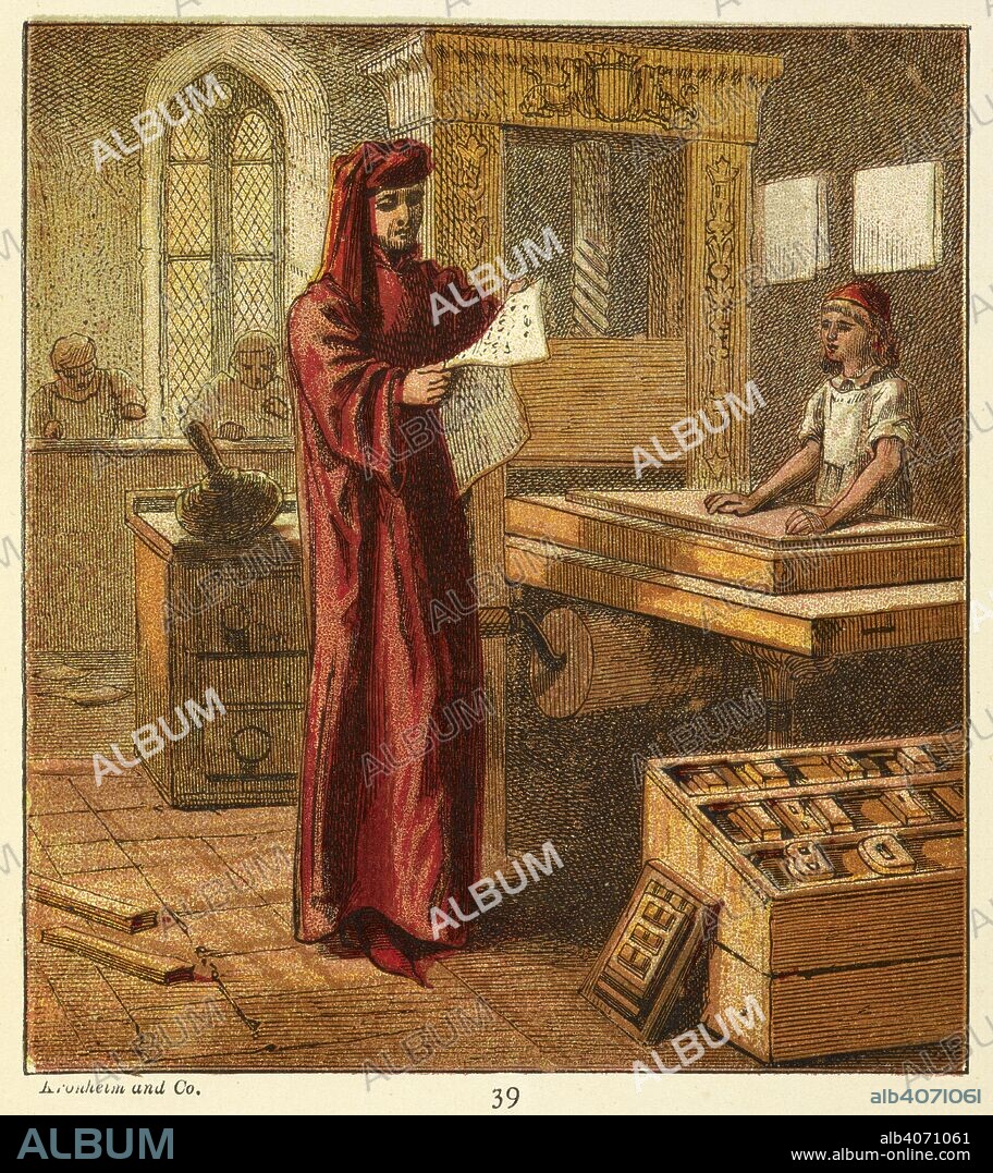 'The first English printer.' William Caxton and a printing press. He is thought to be the first English person to work as a printer and the first to introduce a printing press into England, in 1476. Pictures of English History. From the earliest times to the present period. With ninety-three pictures, printed in colour by Kronheim. London : George Routledge & Sons, [1868]. Source: 9505.ff.6 picture 39. Language: English.