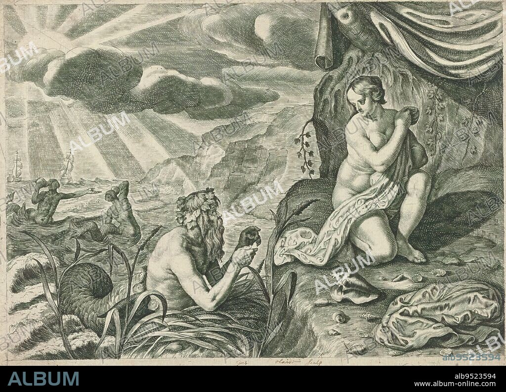 Scylla on the run from Glaucus, Glauci in love with Scylla (title on object), Metamorphoses of Ovid (series title), Meerman Glaucus is in love with the sea nymph Scylla and tries to seduce her from the water. Scylla, however, is not amused and flees via the rocks., print maker: Crispijn van de Passe (II), (mentioned on object), after design by: Claude Charpignon, publisher: Crispijn van de Passe (I), (attributed to), c. 1636 - 1670, paper, engraving, height 162 mm × width 225 mm.