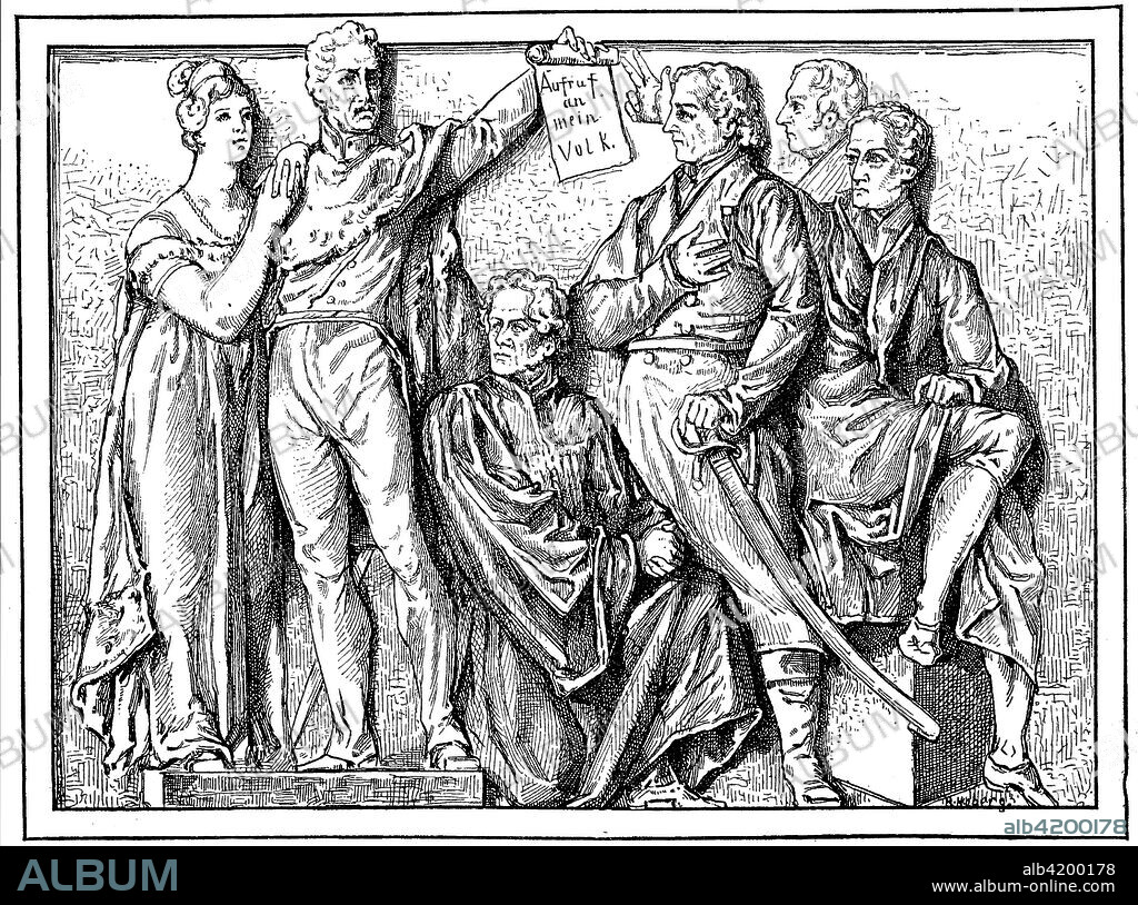 From left, Queen Louise, Frederick William III, Frederick Daniel Ernst Schleiermacher, Johann Gottlieb Fichte, Georg Wilhelm Friedrich Hegel, Johann Carl Friedrich Gauss, are the persons from the Relieffries of Geyer in the National Gallery of Berlin, woodcut from the year 1885, digital improved.