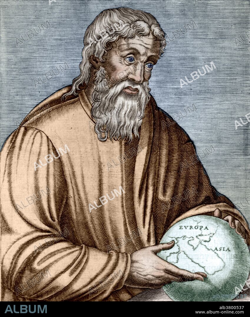Color enhanced portrait of Strabo (64 or 63 BC - 24 AD), Greek geographer, philosopher and historian. He, like most scholars of his time, traveled extensively in pursuit of knowledge. He journeyed to Egypt and Kush, as far west as coastal Tuscany and as far south as Ethiopia in addition to his travels in Asia Minor and time spent in Rome. He visited the island of Gyaros in the Aegean Sea. and sailed up the Nile until reaching Philae, after which point there is little record of his proceedings until AD 17. He is most famous for his 17 volume work Geographica, which presented a descriptive history of people and places from different regions of the world known to his era. Geographica provides a valuable source of information on the ancient world, especially when this information is corroborated by other sources. It is not known precisely when it was written, though comments within the work itself place the finished version within the reign of Emperor Tiberius. He died in 24 AD at the age of 60 or 61. This image has been color enhanced.