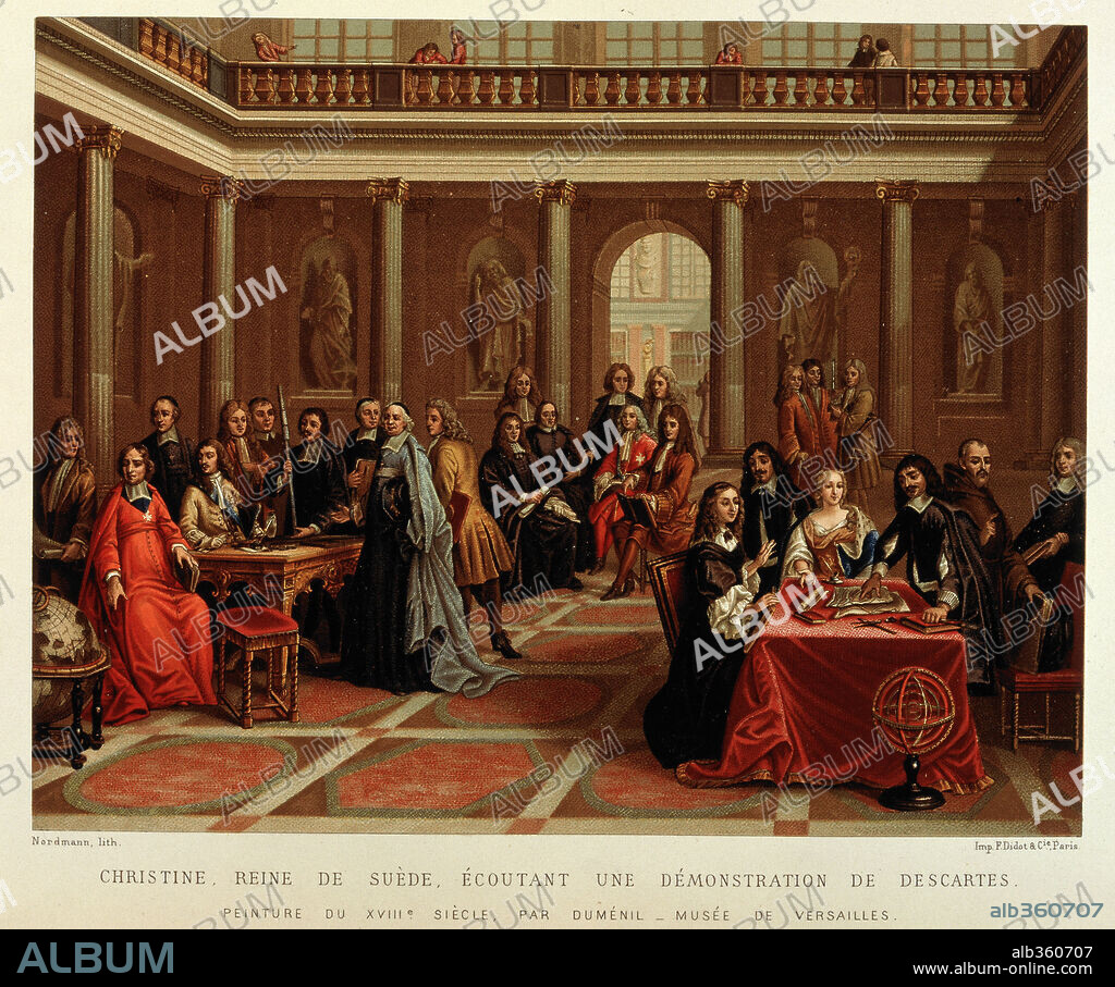 Rene Descartes (1596-1650) conducts demonstration to court of Queen Christine of Sweden after painting ,l c.1700.