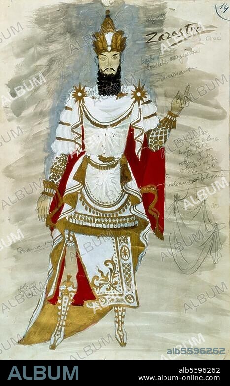 ROGER CHAPELAIN-MIDY. Mozart, Wolfgang Amadeus Composer, 1756-1791. Works: The Magic Flute (opera, libr.: E. Schikaneder; FP Vienna 1791). Figurine of "Zarastro". Watercolour, undat., by Roger Chapelain-Midi (born 1902). Costume design for a production at the Paris opera. Paris, Bibliothèque Nationale.