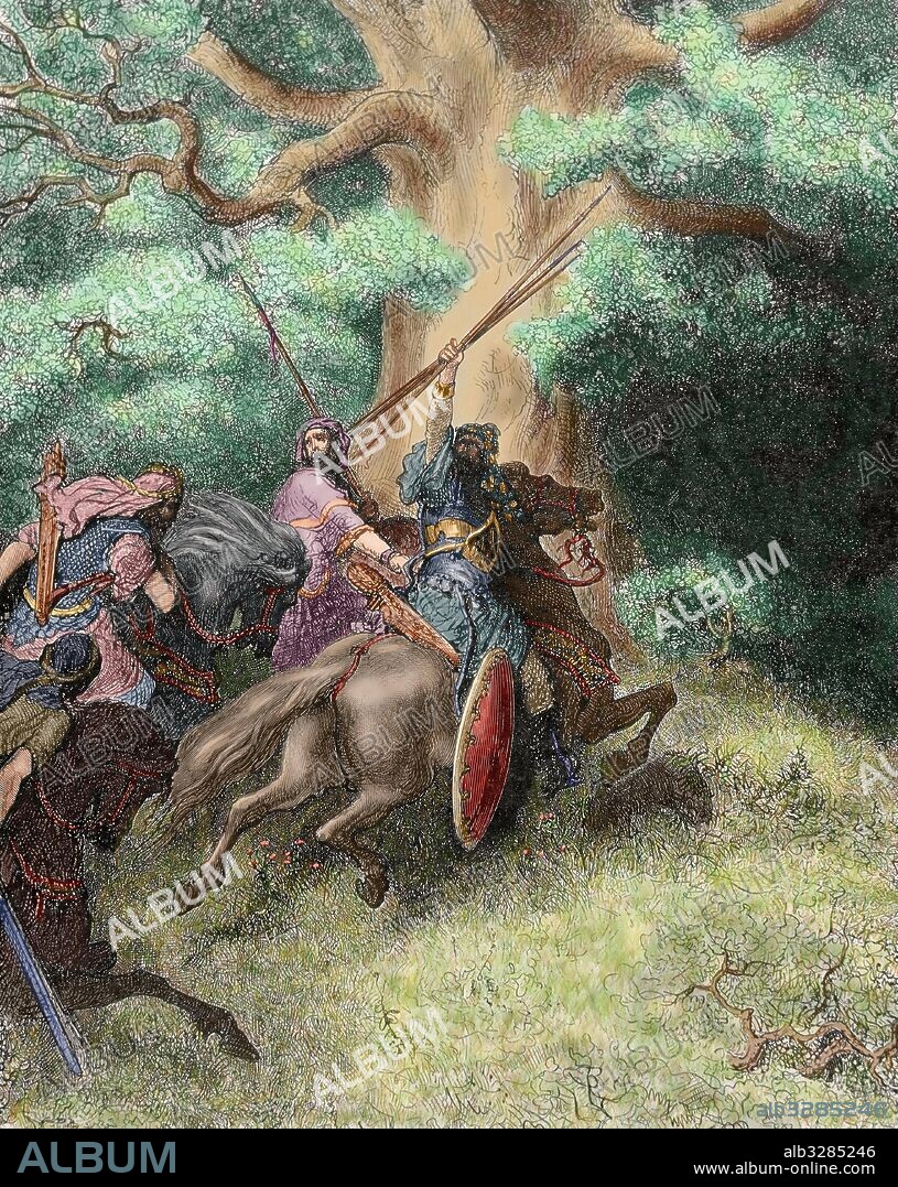 HISTORIA DEL ANTIGUO TESTAMENTO. "MUERTE DE ABSALON". ABSALON, hijo de David. Su hermana Tamar fue violada por su hermanastro Amnón. En venganza Absalón ordenó que Amnón fuese muerto por sus sirvientes. Posteriormente intervino en una conjura contra su padre. En la huida, Joab le mató. Grabado de Gustave DORE. Coloreado.