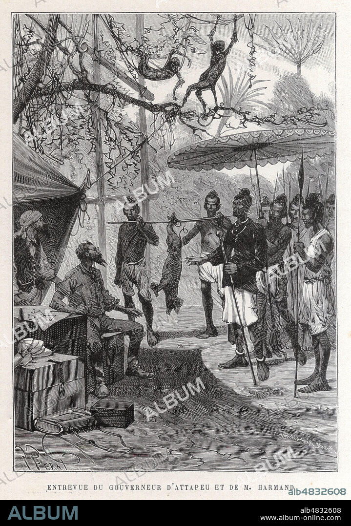 Entrevue du gouverneur d'Attapu (au Laos) et de Jules HARMAND (1845-1921). Illustration vers 1880 par Jules FERAT (ne en 1819) pour la 'Nouvelle histoire des voyages' de Richard CORTAMBERT (1836-1884). Credit : Collection KHARBINE-TAPABOR.