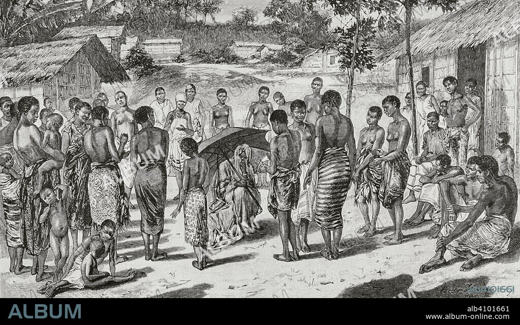 Africa Central. Reino de Loango (amplia región de las actuales Angola, Congo y Gabón). Danza nkumbi. Grabado. Africa Inexplorada, El Continente Misterioso, por Henry Morton Stanley, h. 1887. Biblioteca Histórico Militar de Barcelona, Cataluña, España.