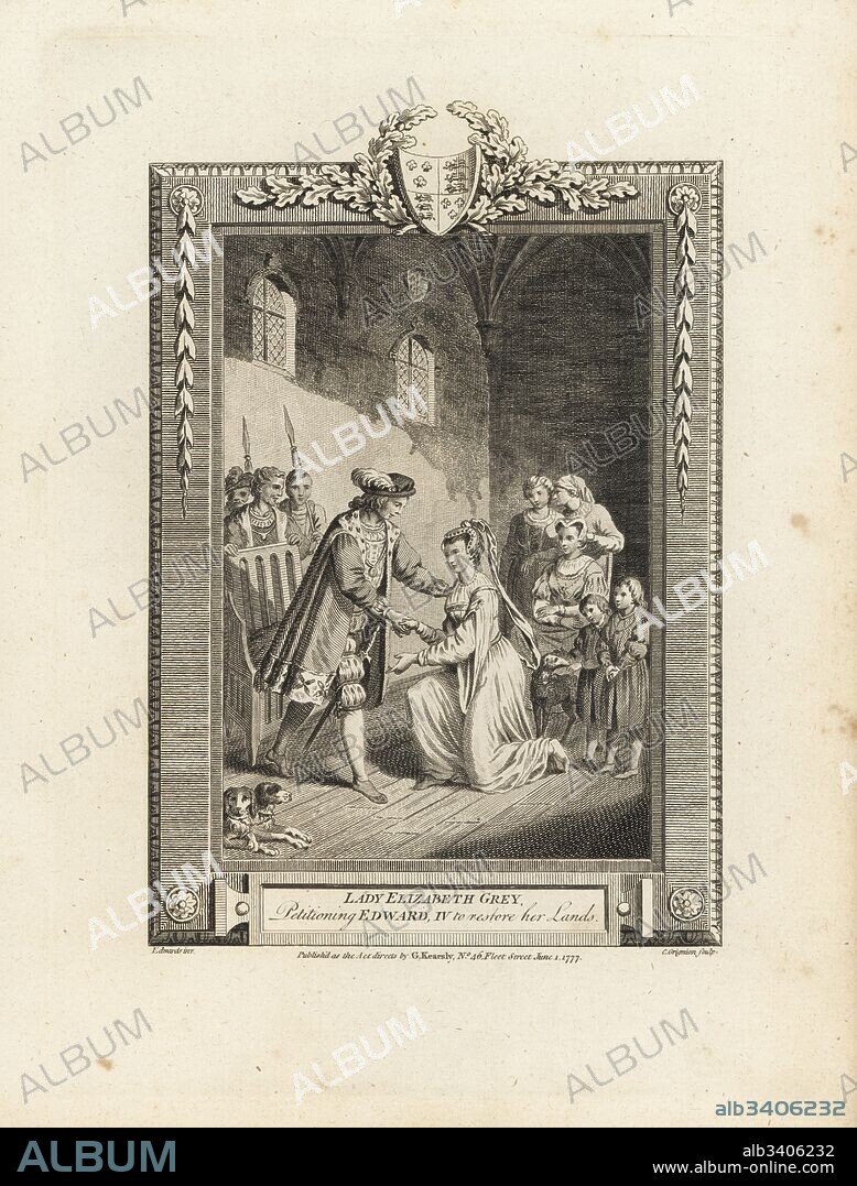Lady Elizabeth Grey with her two young sons Thomas and Richard petitioning King Edward IV to restore her lands. Copperplate engraving by C. Grignion after an illustration by Edwards from The Copper Plate Magazine or Monthly Treasure, G. Kearsley, London, 1778.