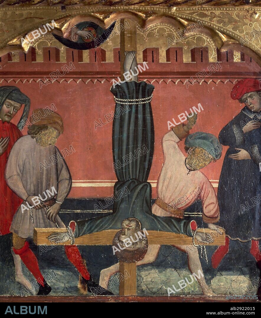 ARTE GOTICO. ESPAÑA. SIGLO XV. RAMON DE MUR (Tarragona? -Tárrega, h.1436) (pintor documentado entre 1412 y 1436). "TABLA DEL MARTIRIO DE SAN PEDRO". Pintura al temple sobre madera perteneciente al "RETABLO DE SAN PEDRO" (210 x 175 cm). Realizado en Tárrega (provincia de Lleida) entre 1420-1421. Procede de la iglesia parroquial de San Pedro de Vinaixa (provincia de Lleida, comarca de Les Garrigues). Museu Diocesà de Tarragona. Cataluña.