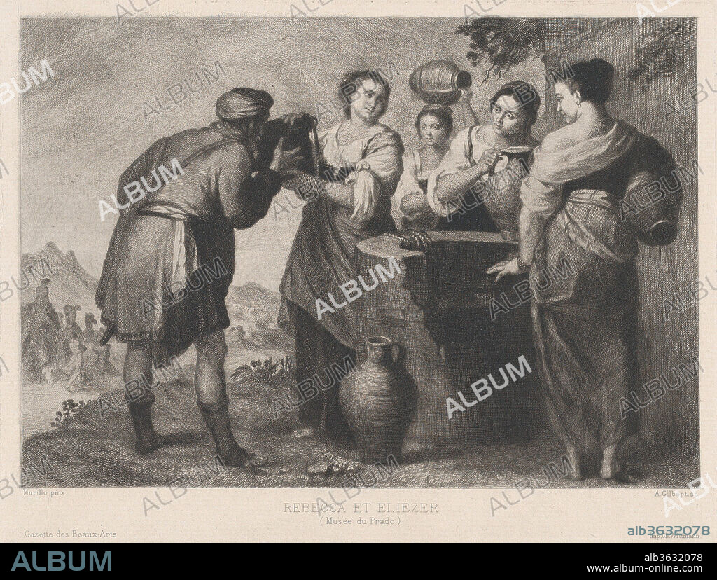 AFTER BARTOLOMÉ ESTEBÁN MURILLO y ACHILLE-ISIDORE GILBERT. Rebecca and Eliezer at the well. Artist: After Bartolomé Estebán Murillo (Spanish, Seville 1617-1682 Seville); Achille-Isidore Gilbert (French, Paris 1828-1899 Paris). Dimensions: Sheet: 7 1/16 × 10 13/16 in. (18 × 27.5 cm). Publisher: Chardon-Wittmann (French, active ca. 1884-90). Date: ca. 1880-1899.