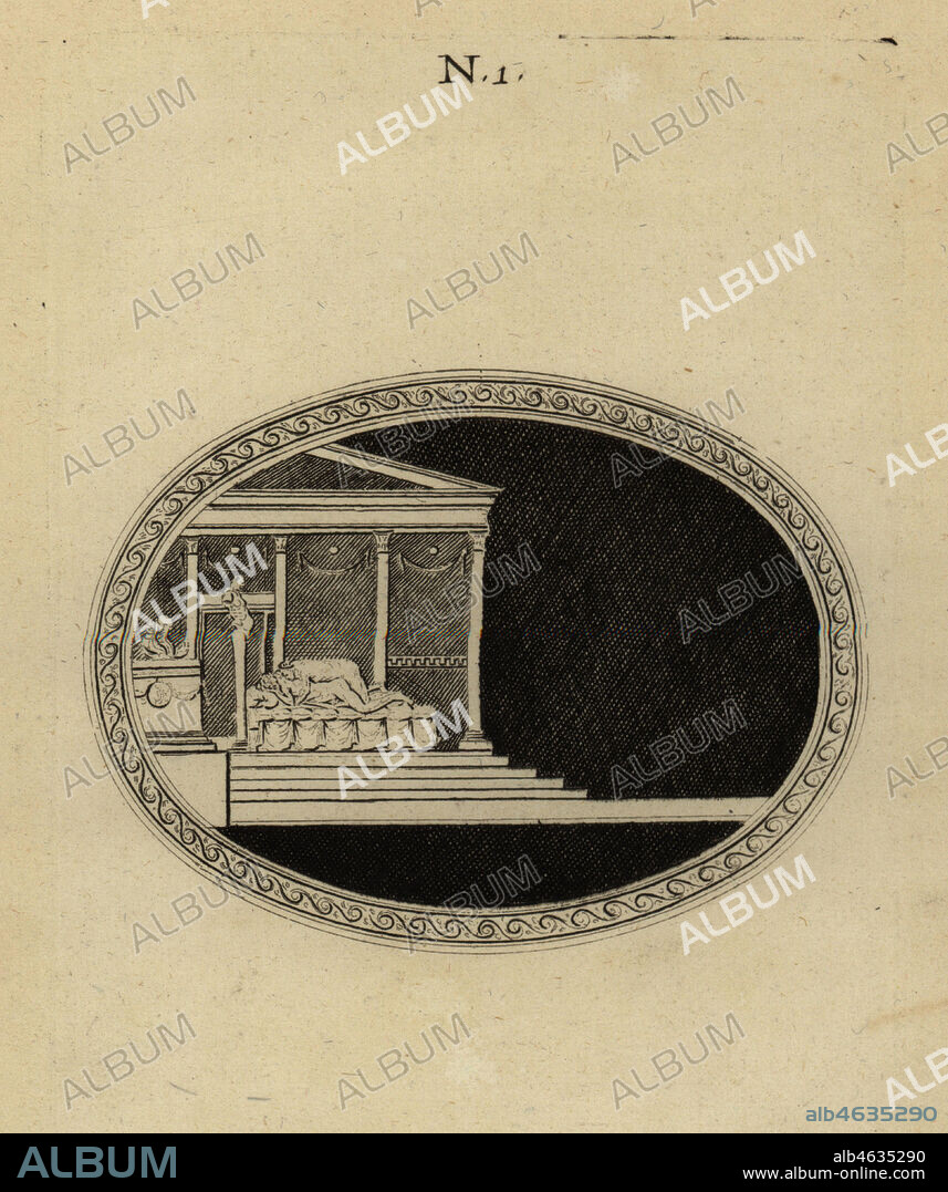 Young Gaius Caesar at the court of King Nicomedes IV of Bithynia. Cesar, jeune encore, a la cour de Nicomede, roi de Bithynie. Copperplate engraving from Pierre-Francois d'Hancarvilles Monumens de la Vie Privee des Douze Cesars, Chez Sabellus, Capri (Monuments of the Private Lives of 12 Caesars, Leclerc, Nancy) 1780. From imaginary Spintria, medals and cameos.