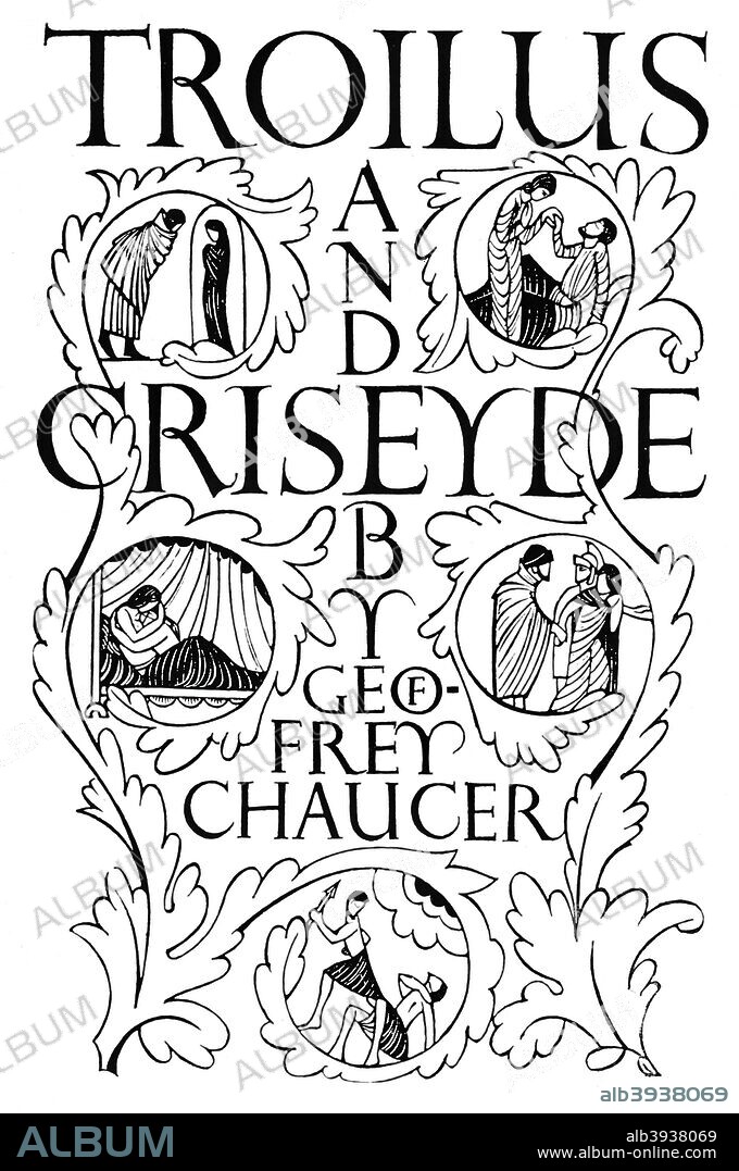 'Title Page: Troilus and Criseyde', 1927. Troilus and Criseyde is a poem by Geoffrey Chaucer which re-tells in Middle English the tragic story of the lovers Troilus and Criseyde. Originally printed and published by the Golden Cockerel Press, 1927. From The Studio Volume 121. [The Studio Ltd, London & New York, 1941].
