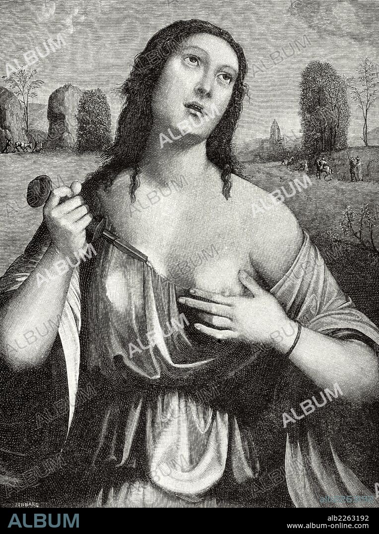 LUCRECIA (s. VI a. C). Hija del ilustre romano Espurio Lucrecio Tricipitino, contrajo matrimonio con Colatino. Víctima de una violación por parte del hijo de Lucio Tarquinio. El ultraje y suicidio de la mujer provocó la caida de la monarquía y establecimiento República. Grabado por Jonnard. "La Ilustración Ibérica", 1886.