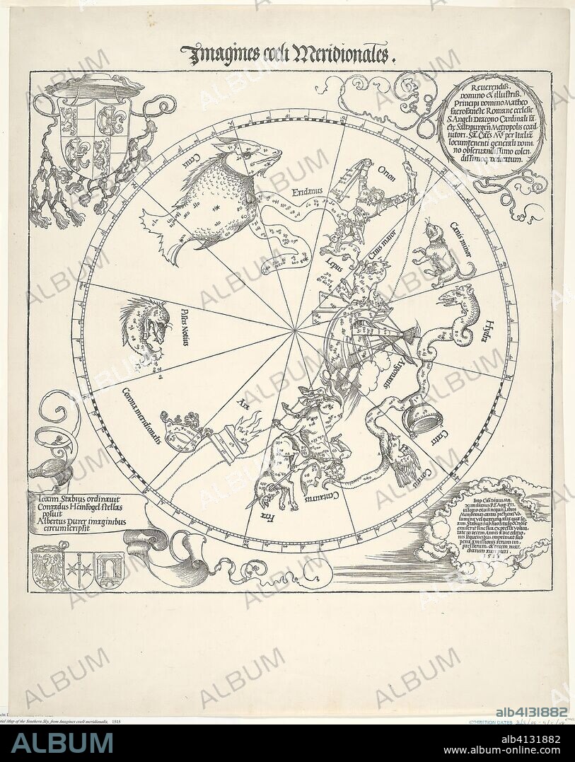 Celestial Map of the Southern Sky (Imagines coeli meridionalis). Albrecht Dürer; German, 1471-1528. Date: 1515. Dimensions: 431 x 433 mm (image); 585 x 463 mm (sheet). Woodcut in black on ivory laid paper. Origin: Germany.