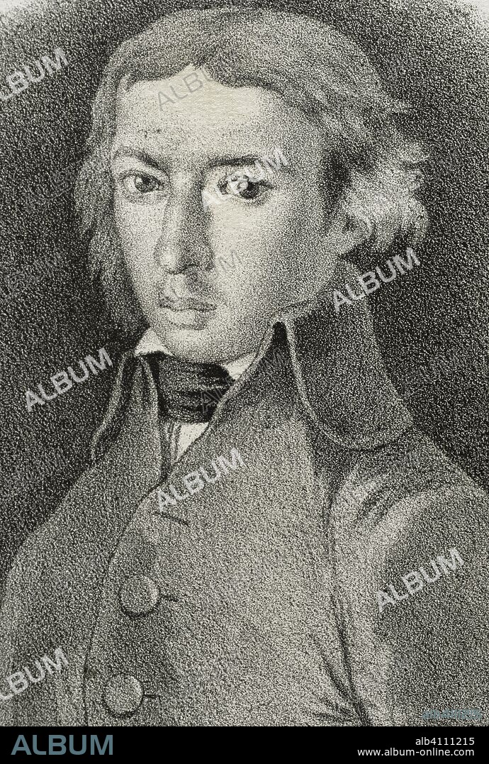 Leandro Fernández de Moratín (Madrid, 1760-París, 1828). Dramaturgo y poeta español. Dibujo por J. Cebrián, detalle. Litografía. Crónica General de España, Historia Ilustrada y Descriptiva de sus Provincias. Castilla-La Nueva, 1869. Biblioteca Histórico Militar de Barcelona, Cataluña, España.