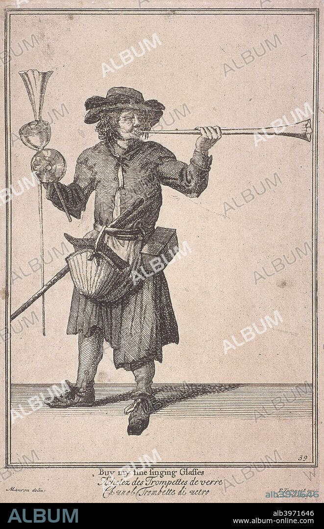 'Buy my fine singing Glasses'. A street seller carrying a number of elongated glass funnels, one of which he is blowing like a trumpet. From Cries of London, (c1688?).