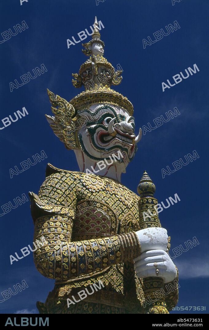 Yaksha is the name of a broad class of nature-spirits, usually benevolent, who are caretakers of the natural treasures hidden in the earth and tree roots. They appear in Hindu, Jain and Buddhist mythology. The Ramakien is the Thai version of the Indian epic, the Ramayana or the 'Romance of Rama', and has an important influence on Thai literature, art and drama. It is regarded as the National Epic of Thailand. Wat Phra Kaew (Temple of the Emerald Buddha); full official name Wat Phra Si Rattana Satsadaram is regarded as the most sacred Buddhist temple in Thailand. It is located within the precincts of the Grand Palace. The Grand Palace served as the official residence of the Kings of Thailand from the 18th century onwards. Construction of the Palace began in 1782, during the reign of King Rama I, when he moved the capital across the river from Thonburi to Bangkok.