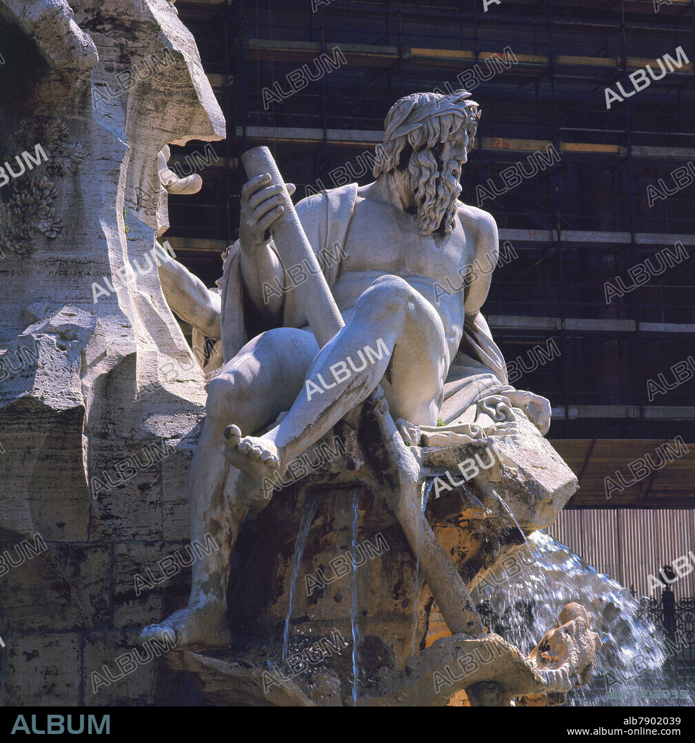 GIAN LORENZO BERNINI (1598-1680). DETALLE DEL RIO GANGES DE LA FUENTE DE LOS 4 RIOS EN LA PLAZA NAVONA.