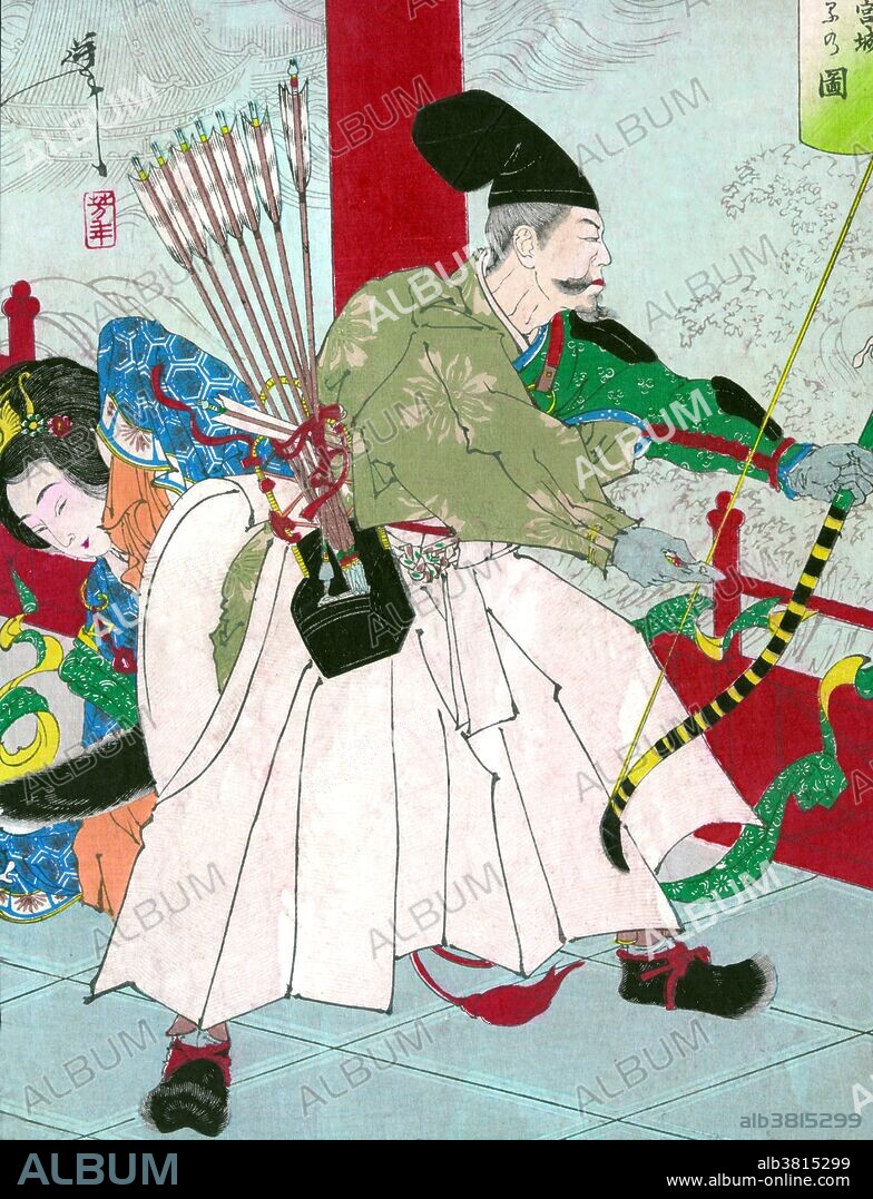 Entitled: "Ryugujo"; shows the warrior Watanabe no Tsuna, with bow and arrows, at the palace of the demon Ibaraki. Watanabe no Tsuna (953-1025) was a Japanese samurai, a retainer of Minamoto no Yorimitsu, one of the earliest samurai to be famed for his military exploits. According to legend in the late 10th century of Heian Period Japan, Ibaraki-doji, a notorious Oni, resided at Rashomon Gate in Kyoto. Ibaraki-doji harassed people who tried to pass through the gate until a heroic samurai named Watanabe no Tsuna, a loyal retainer of Minamoto no Raiko, went to subdue the creature. When Tsuna arrived at Rashomon Gate he was attacked by Ibaraki-doji. However, Tsuna was a strong and valiant swordsman who was able to defend himself against the ferocious attack. The battle raged on until Tsuna drew his katana and severed the arm of the demon. Screaming in pain Ibaraki-doji ran away from Tsuna, leaving the severed arm behind. Tsuna swept up Ibaraki-doji's arm as a trophy. When he arrived home at his mansion he wrapped up the severed arm and locked it away in a chest. Woodcut by Yoshitoshi Taiso, circa 1880s.