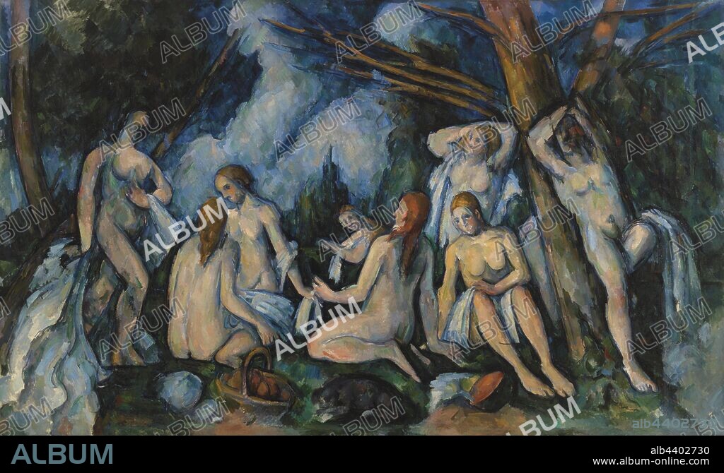 Paul Cézanne: The Large Bathers (Les Grandes baigneuses), Paul Cézanne, 1895–1906, Oil on canvas, Note: This work has been temporarily removed from display for technical study and conservation treatment. Funding for its conservation was generously provided through a grant from the Bank of America Art Conservation Project. This is one of three monumental bathing scenes that Cézanne produced at the very end of his career. Thick with paint, the canvas seems to have occupied him, on and off, for about ten years, between 1895 and 1906. The theme of bathers in a landscape originated in the Renaissance and traditionally showed idealized female bodies in total harmony with nature. Here, Cézanne disturbs this easy relationship. Space is hard to read, and the landscape—note the dead tree branches and ominous clouds—seems harsh and threatening. As for the figures, many of the poses are derived from classical statuary, but Cézanne overturns tradition as soon as he references it: bodies are deliberately distorted, with obliterated faces, truncated limbs and uneven flesh. Look especially at the standing figure at left. She once had a head, but Cézanne painted it out., Overall: 52 1/8 x 86 1/4 in. (132.4 x 219.1 cm).