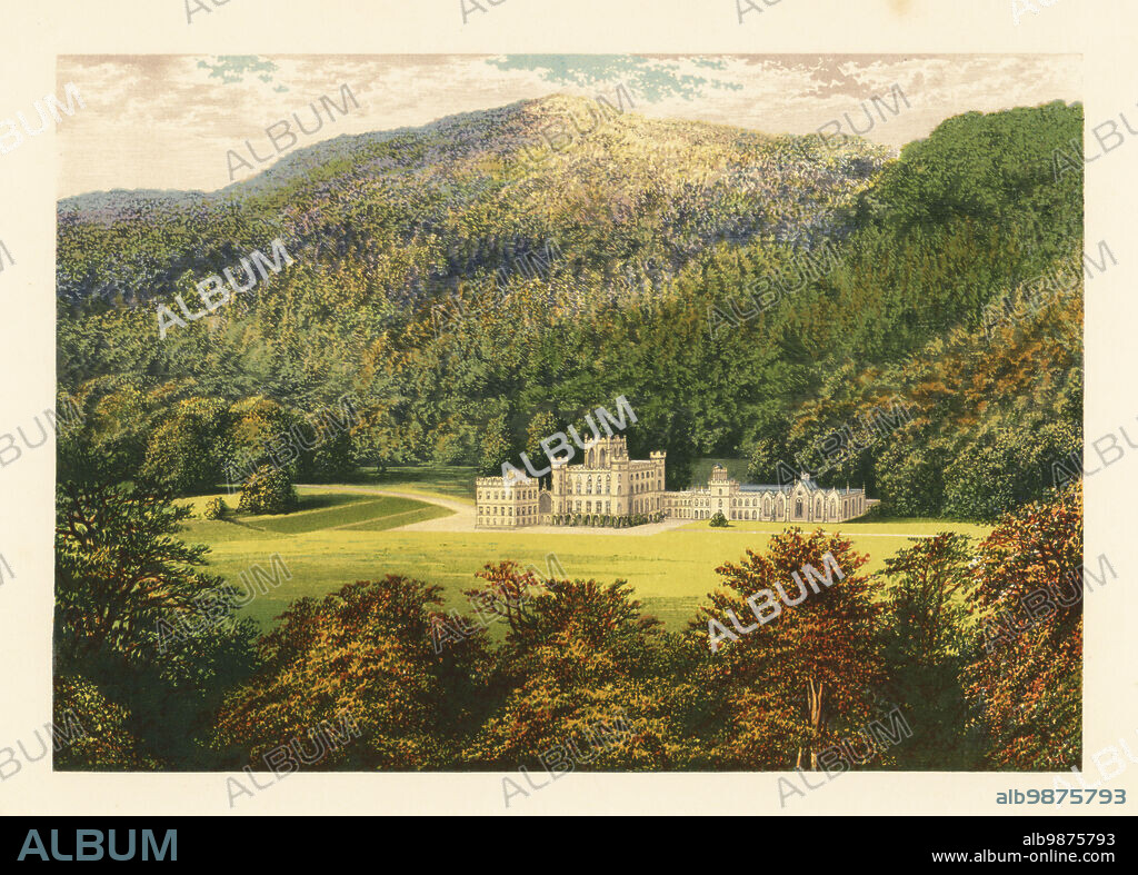 Taymouth Castle, Perthshire, Scotland. Gothic-Revival style castle with staircase designed by Francis Bernasconi built in the early 19th century for John Campbell, 1st Marquess of Breadalbane. Colour woodblock by Benjamin Fawcett in the Baxter process of an illustration by Alexander Francis Lydon from Reverend Francis Orpen Morriss Picturesque Views of the Seats of Noblemen and Gentlemen of Great Britain and Ireland, William Mackenzie, London, 1880.