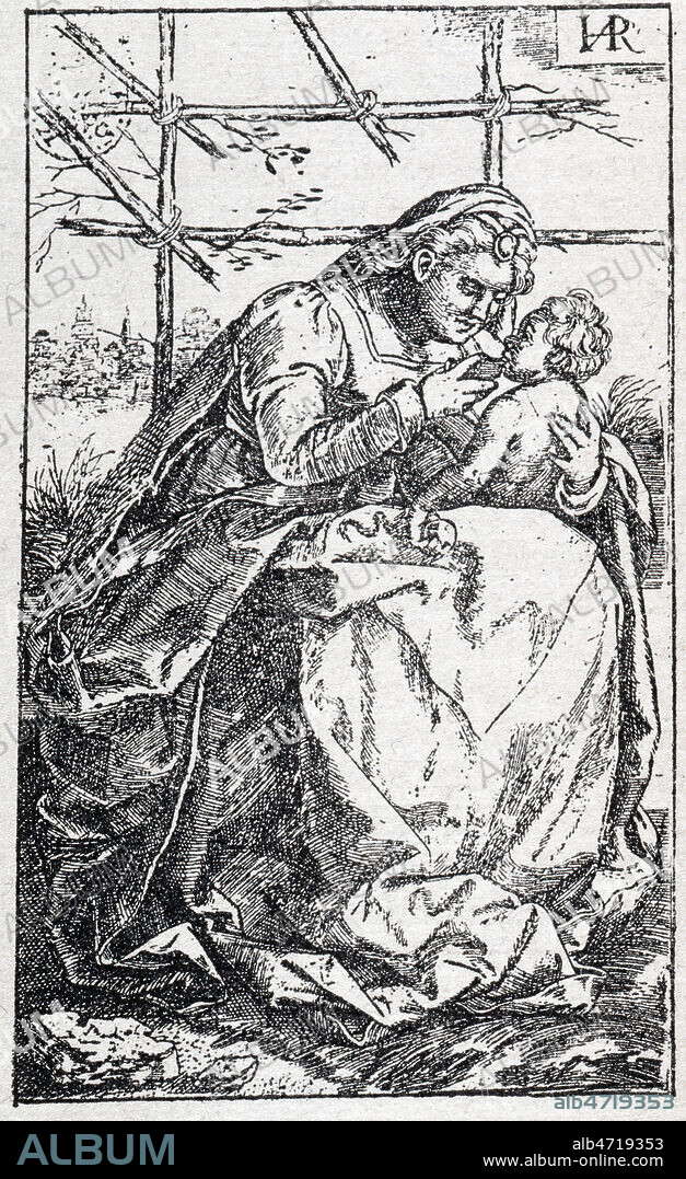 Mere donnant le biberon a son enfant. Gravure du 16eme s. reprise dans Monographien zur deutchen kulturgeschichte, fin 19eme. Credit : Collection KHARBINE-TAPABOR.