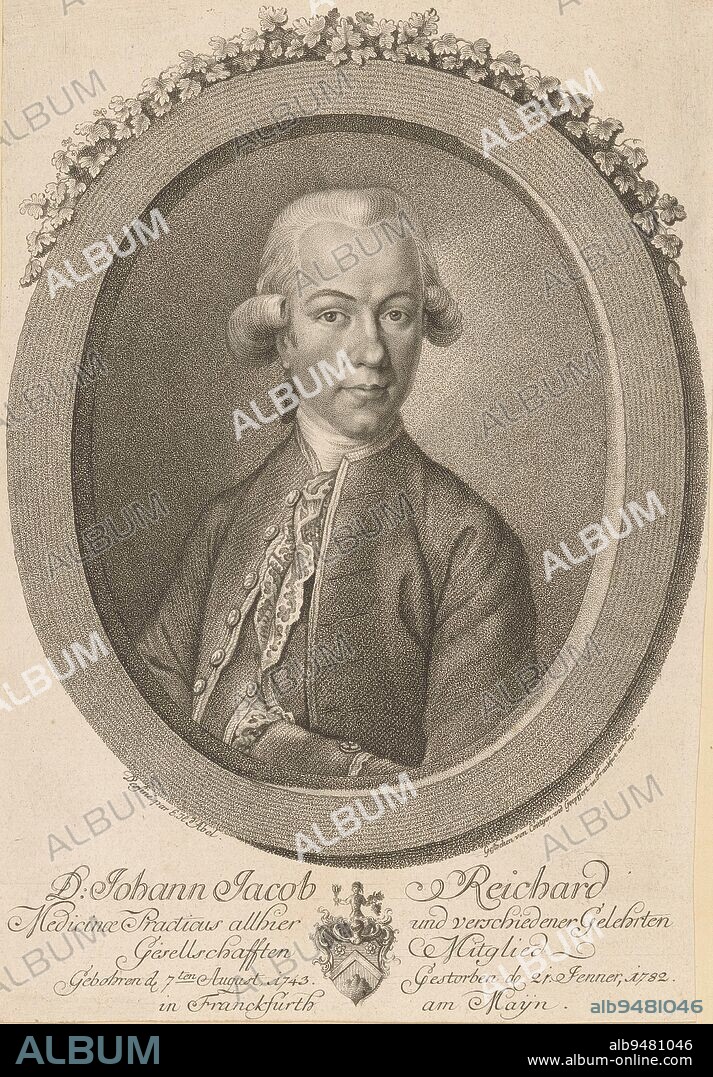 Portrait of Johann Jacob Reichard, Georg Joseph Coentgen (possibly), after Ernst Heinrich Abel, 1753 - 1782, print maker: Georg Joseph Coentgen, (possibly), print maker: Goepffert, (mentioned on object), intermediary draughtsman: Ernst Heinrich Abel, (mentioned on object), Frankfurt am Main, 1753 - 1782, paper, etching, h 284 mm × w 194 mm.