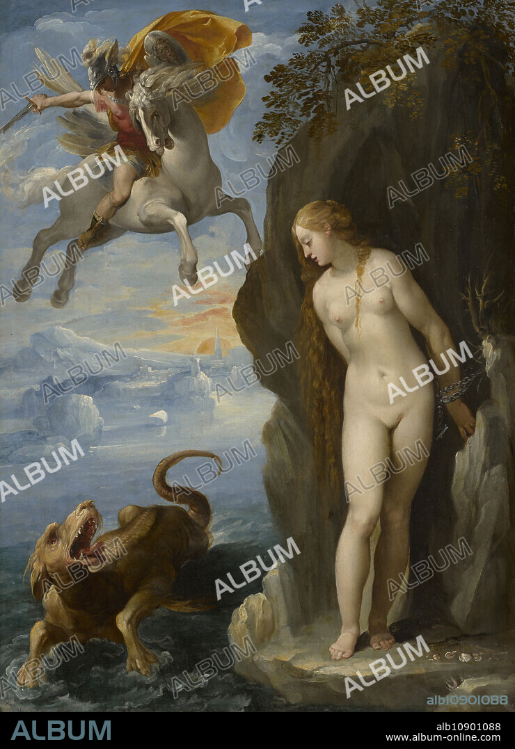 GIUSEPPE CESARI. Perseus Rescuing Andromeda, 1594/95. The Greek hero Perseus, traveling home after slaying Medusa, spotted the princess Andromeda chained to a rock. He rescued her from being sacrificed to a sea monster and won her hand in marriage. This painting depicts a version of the ancient myth popularized in sixteenth-century Italy, in which Perseus arrives astride Pegasus, the winged horse born from Medusa’s blood. Small mythological scenes like this made Arpino one of Rome’s most fashionable painters among sophisticated connoisseurs.